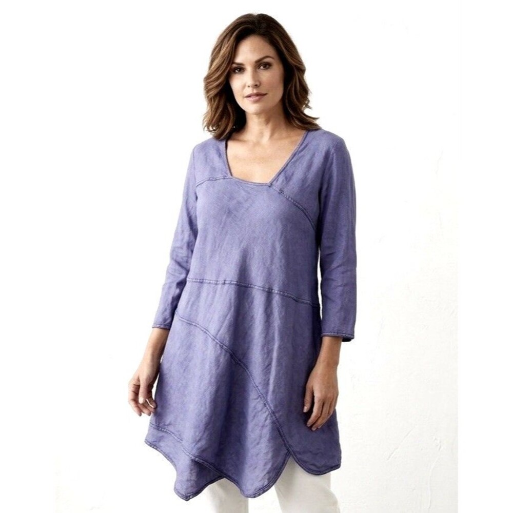 CYNTHIA ASHBY 100% Linen Dress Large Asymmetrical Purple Artsy LagenLook